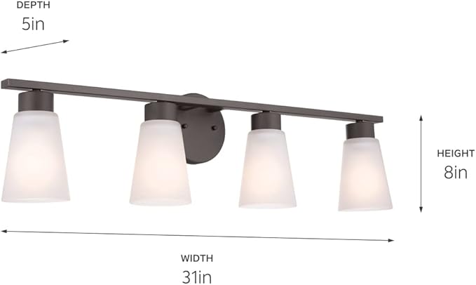 Kichler Stamos 4-Light Bathroom Vanity Light with Satch Etched Glass Shades, 26" Modern Wall Light in Olde Bronze®, (26" x 8" x 5")