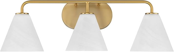 Savoy House 8-2988-3-322 Blair White Strie Glass Bathroom Conical Bathroom Vanity Light, 3-Light 180 Total Watts, 8'' H x 26'' W, Warm Brass
