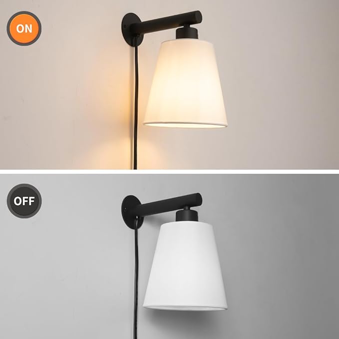 Plug in Wall Sconces Set of Two, Wall Lamp with Plug in Cord, Black Wall Sconce Light Plug in, Bedside Wall Mounted Light with Fabric Linen Shade, Plug in Wall Decor for Bedroom Living Room