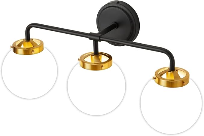 Black Gold Bathroom Light Fixtures Above Mirror, Modern Vanity Lighting with White Glass Globe Shade 3-Light Farmhouse Wall Sconce