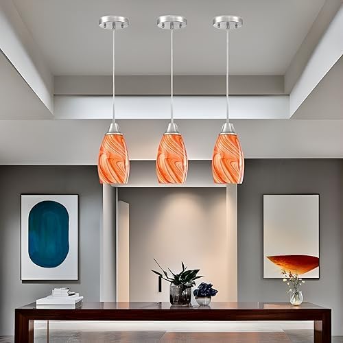 Viinew Mini Glass Pendant Light 4.72" with Handblown Orange Marble Art Glass Hanging Light 1-Pack Oval Ceiling Hanging Light Fixture for Dining Room Kitchen Island Cafe Foyer Hallway