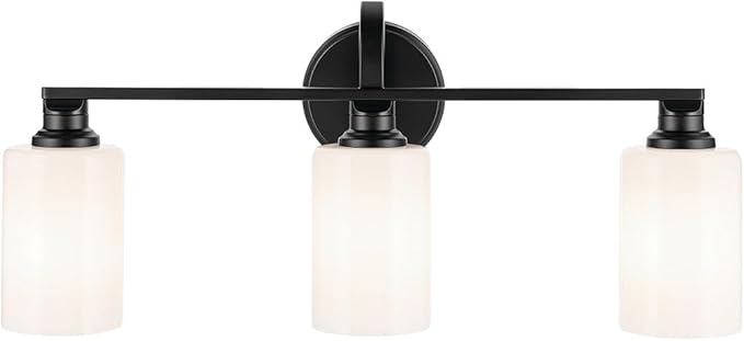 Kichler Gioe 24.25 in 3-Light Bathroom Vanity Light Fixture with Opal Glass in Black, Modern Wall Mount Over Mirror for Powder Room, Damp Rated (24.25 in W x 10.5 in H), 55226BK