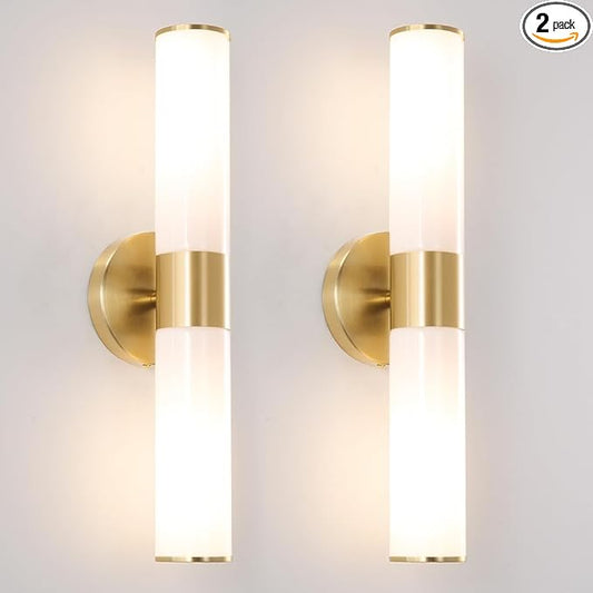 Brushed Gold Wall Sconces Set of 2 (Hardwired Only), Bathroom Vanity Light Fixtures, Modern Mikly White Glass Wall Lights for Mirror 28-40 inch Height, NOT Battery Operated, E26 Base (Without bulb)