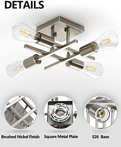 2 Pack 4-Light Semi Flush Mount Ceiling Light, Modern Brushed Nickel Close to Ceiling Light Fixtures, Easy Assembled, House Indoor Ceiling Lights for Bedroom Living Room