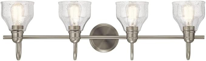 Kichler Avery 4-Light Bathroom Vanity Light Fixture with Clear Seeded Glass in Black, Industrial Farmhouse Wall Mount for Bathroom Mirror (33.5" x 9.5" x 8.25"), 45974BK