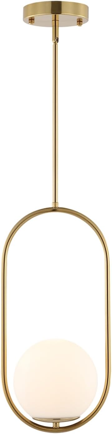BYOLIIMA Modern Gold Globe Pendant Light Mid Century Chandelier 1-Light Brushed Brass Ceiling Hanging Lighting Fixture with White Globe Glass Shade for Kitchen Island Dining Room Bedroom