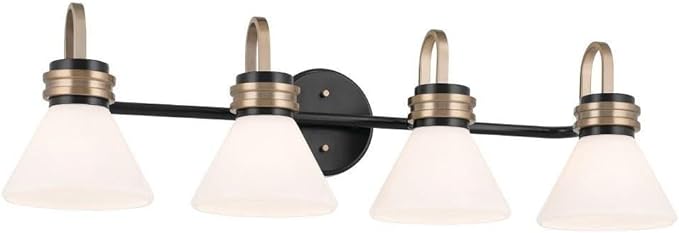 Kichler Farum 34" 4-Light Bathroom Vanity Light Fixture with Opal Glass in Black, Modern Over Mirror Lighting for Single or Double Vanity, Powder Room (34" W x 9.5" H), 55156BK