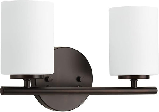 Progress Lighting Replay Collection 2 Light Bathroom Vanity Light, Modern Bath Lighting Fixture with Etched White Glass Shades for Over The Mirror, Reversible Mounting, Antique Bronze
