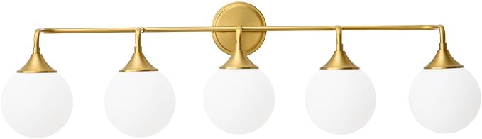 Gold Bathroom Light Fixtures, Modern Vanity Lights Over Mirror, Brushed Brass Wall Sconce Lighting 5-Light with Milky White Glass Ball Shades