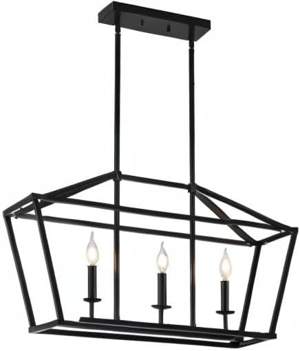 XILICON Dining Room Light Fixtures Over Table, 3-Light Black Farmhouse Chandelier Light Fixture Black Industrial Linear Pendant Lights Kitchen Island Candle Lantern Chandelier
