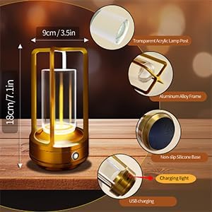 Outdoor Table Lamp, 4000mAh Rechargeable Battery Operated lamp, 3 Color Stepless Dimmable Cordless Table Lamp for Patio, Camping, Coffee Table, Crystal Lantern lamp for Indoor/Outdoor (Gold Set of 2)