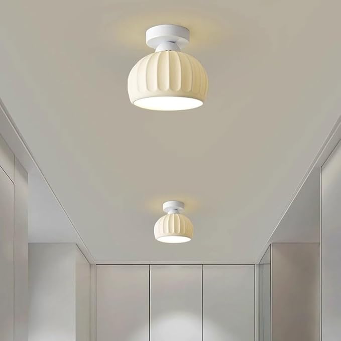 KISAD Modern Minimalist Semi-Flush Mount Ceiling Light Nordic Stripe Ceramics Small Ceiling Lamp Indoor Home Decor Fixture for Hallway Entryway Balcony Closet(White)