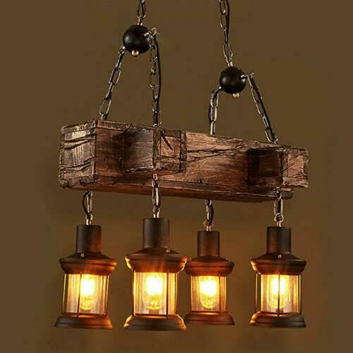 4 Lights Rustic Wood Chandelier, Industrial Vintage Wooden Ceiling Lamp Hanging Pendant Light Retro Suspension Lighting Fixture for Living Dining Room Bedroom Kitchen Restaurant Coffee Shop
