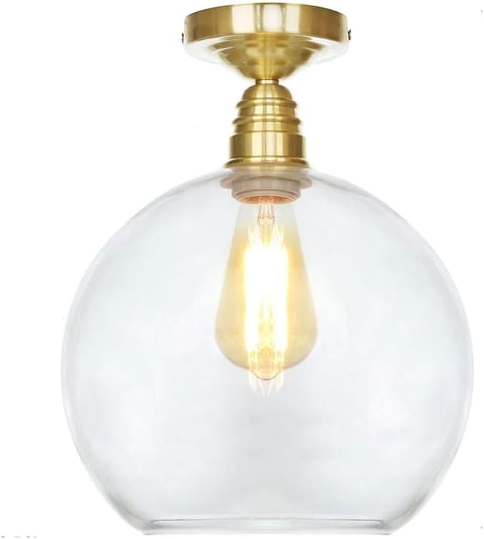 Modern Brass Semi-Flush Mount Ceiling Light, 1-Light Glass Shade Ceiling Lighting, Minimalist Home Kitchen Close to Ceiling Lamp，Nordic Bedroom Entryway Ceiling Light Fixture(Clear,20CM)