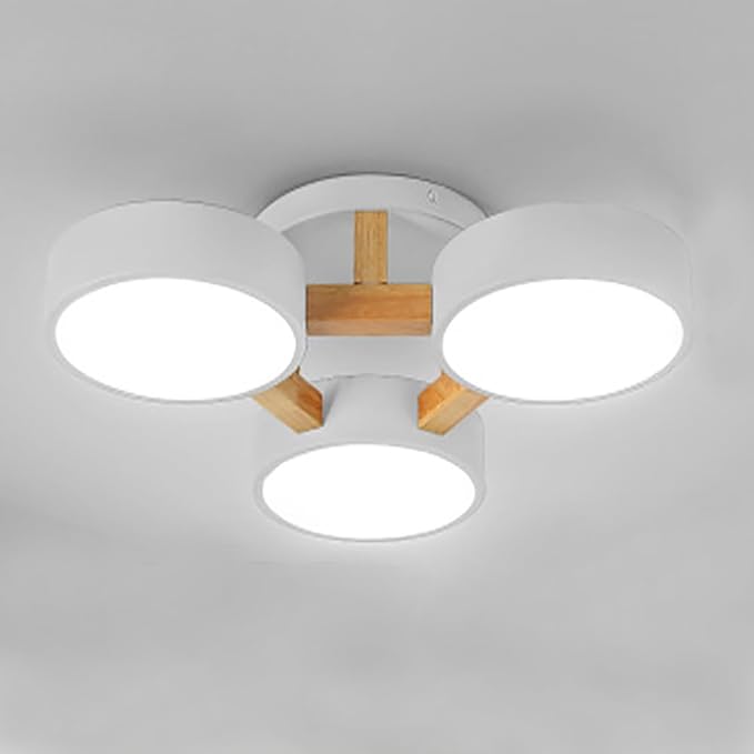 LED Ceiling Light Fixture,21 Inch 3-Lights Modern Ceiling Lights Flush Mount Wooden 33W Chandelier for Living Room Bedroom Kitchen,Dimmable 3000K/4000K/6000K Temperatures Selectable, White
