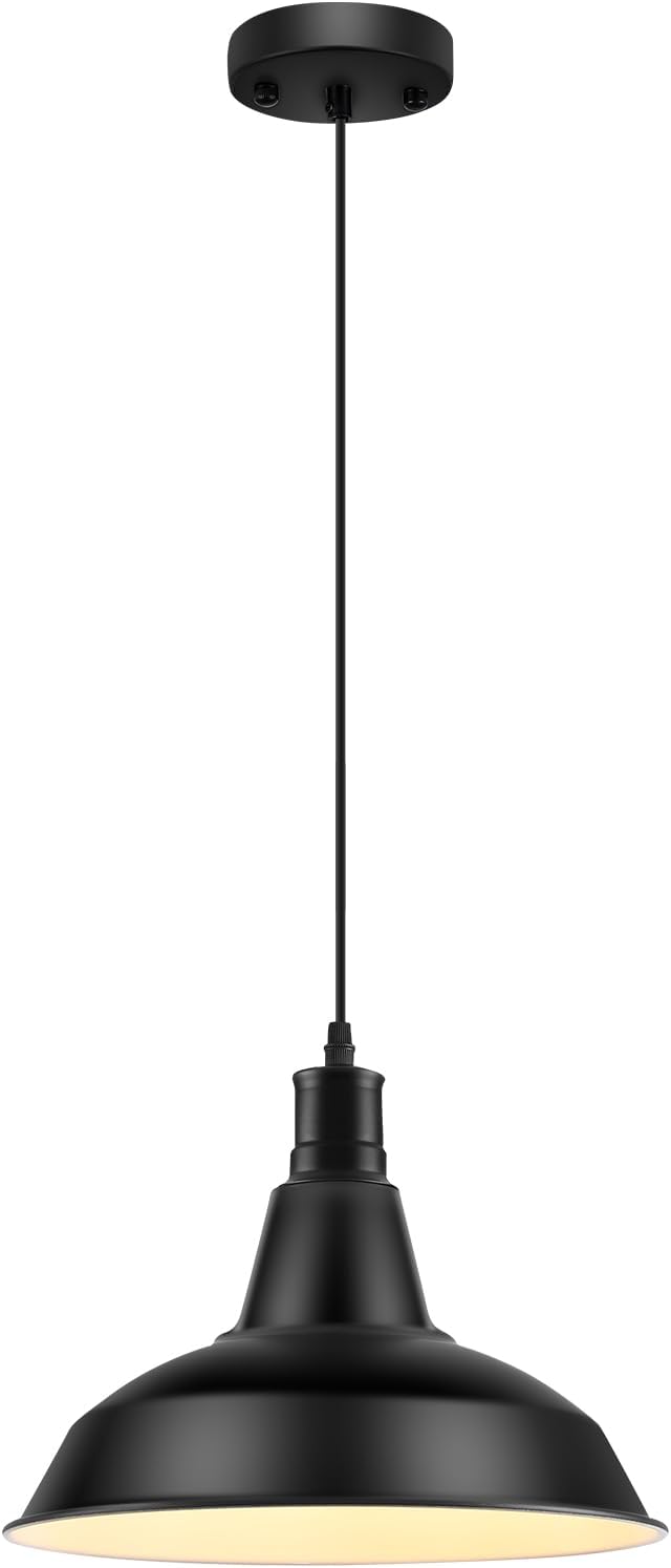 LOEHINLE Pendant Light Fixtures, Vintage Farmhouse Hanging Lighting Fixture with Metal Shade, Industrial Barn Lights for Hallway, Kitchen Island, Sink, Dining Room, Living Room, Black, 12.2in