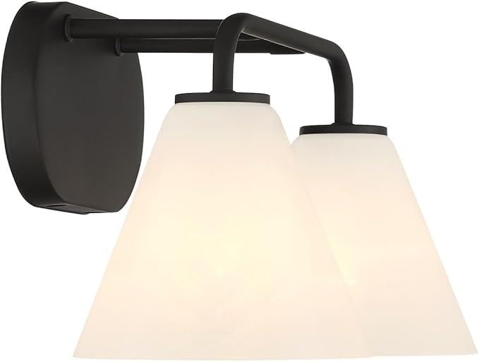 Savoy House 8-2988-2-BK Blair Traditional Vintage White Strie Glass Bathroom Vanity Wall Light, 2-Light 120 Total Watts, 8" H x 16" W, Matte Black
