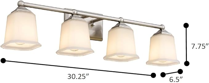 Tawson Nox Vintage 4-Light Vanity Light Modern Wall Sconce Lighting Brushed Nickel with White Glass Shade for Bathroom, Hallway, Entryway, Kitchen, Mirror, Laundry Room