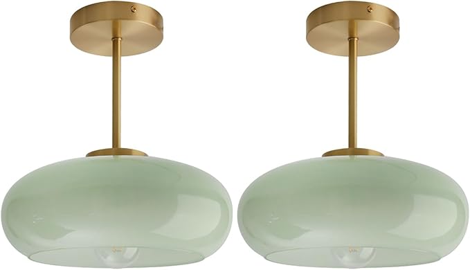 Milk Glass Ceiling Light Semi Flush Mount Ceiling Lights fixtures with Milk Green Glass Shade Mid Century Modern Flush Mount Lighting Gold Brass Close to Lamp for Hallway Kitchen Sink