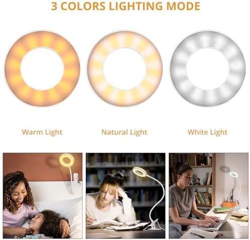 Woputne Desk Clip on Lamp for Reading Home Office, with 5V 2A Adapter, 10 Dimmable Brightness 3 Modes, Clamp Reading Light for Bed Headboard, Craft (White)…
