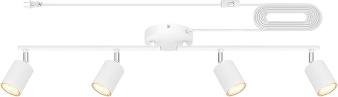 Plug in Track Lighting LED, Track Lighting Fixtures Ceiling, White 4-Light Kitchen Light Kit, Plug in Wall Light with 14.8ft Power Cord, Rotatable Ceiling Spotlight for Bedroom(GU10 Socket, NO Bulb)