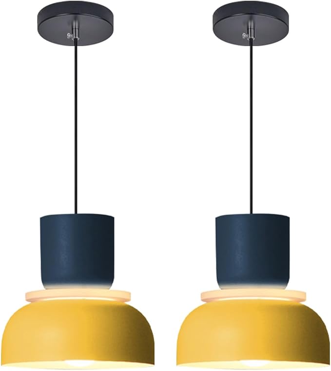 2-Lights Mid Century Pendant Light Kitchen Island Nordic Hanging Lights Yellow Colorful Drum Shade Unique Aluminum Dome Lampshade Adjustable Pendant Light Schoolhouse Light Fixture