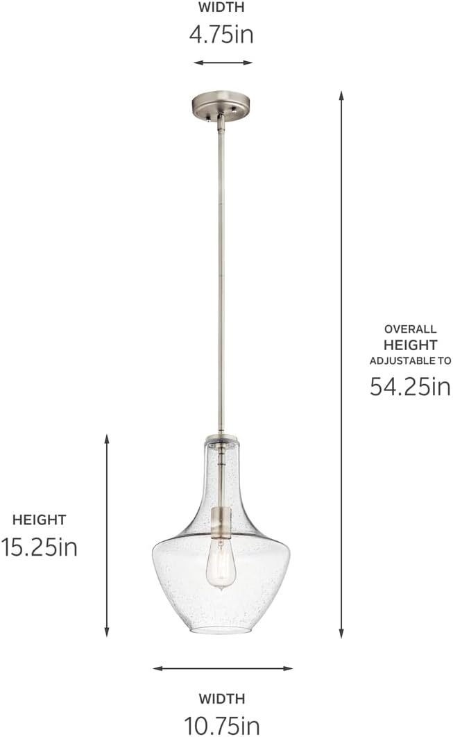 Kichler Everly 15.25" Kitchen Bell Pendant in Brushed Nickel, 1-Light Clear Seeded Glass Pendant Light, (15.25" H x 10.5" W), 42141NICS