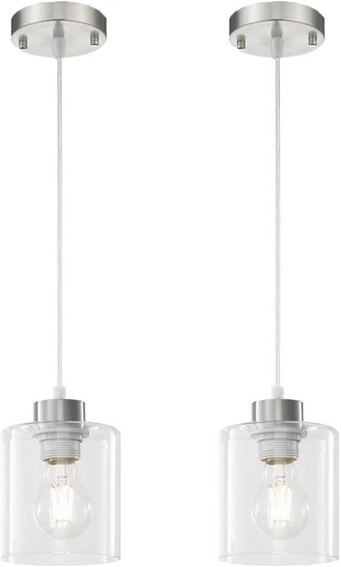 1 Light Hanging Pendant Light Fixtures, Adjustable Brushed Nickel Pendant Lights Kitchen Island, Modern Farmhouse Light Fixtures for Dining Room, Clear Glass Shade, E26 Base, 2 Packs