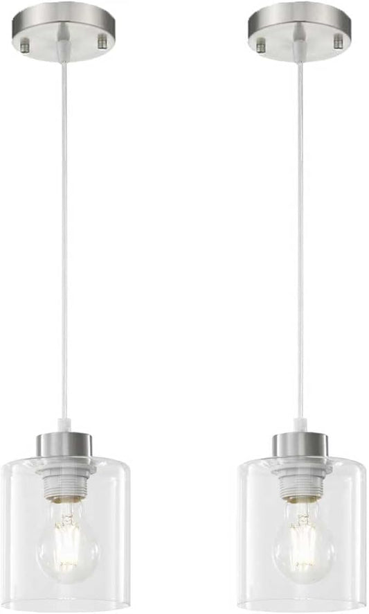 1 Light Hanging Pendant Light Fixtures, Adjustable Brushed Nickel Pendant Lights Kitchen Island, Modern Farmhouse Light Fixtures for Dining Room, Clear Glass Shade, E26 Base, 2 Packs