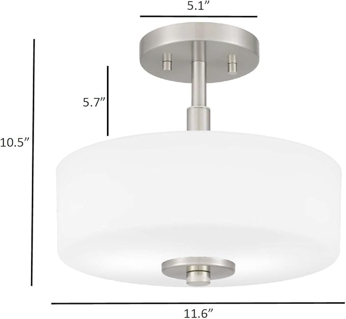 Tawson Abra 2-Light Semi Flush Mount Light with Etched Glass in Drump Shade Brushed Finish for Hallway, Entryway, Passway, Dining Room, Bedroom, Garage, Kitchen Island, Balcony