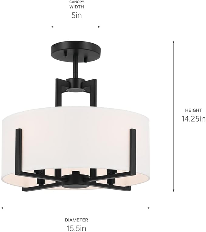 Kichler Malen 52591BK Convertible Semi-Flush 4-Light 15.5˝ with White Fabric Shade in Black