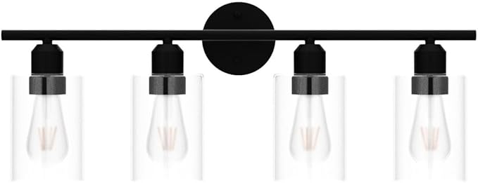 Espird 4 Light Bathroom Vanity Light Fixtures Black,Rustic Farmhouse Vanity Lighting Over Mirror Modern Industrial Lamp with Cylinder Glass Shade UL Certified