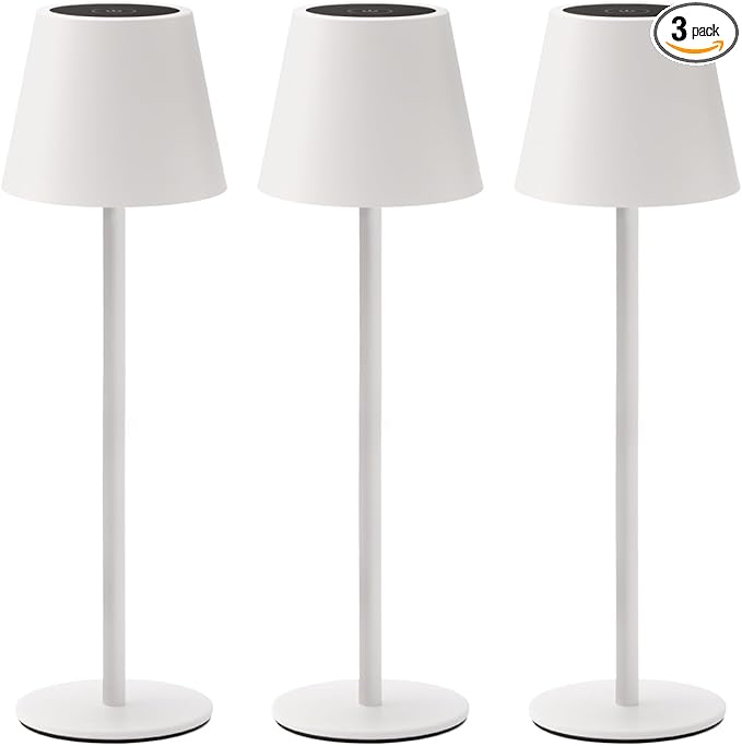 3 Pack Cordless Table Lamp, Portable Battery Operated Lamp with 3 Color Temps and Stepless Dimming, Rechargeable Table Lamp for Dinner, Desk, Cafe, Outdoor (White)