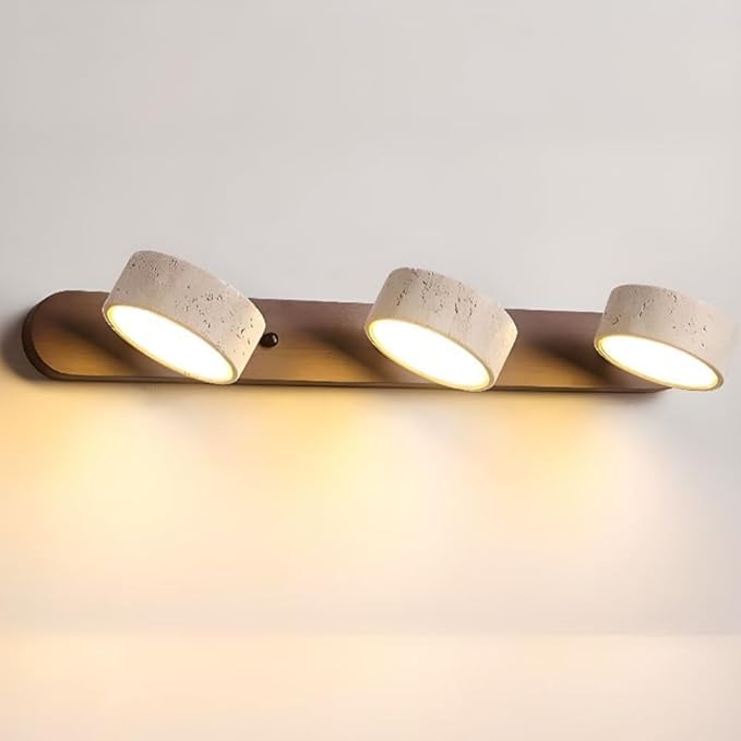 Dark Wood Farmhouse Bathroom Vanity Light Modern Stone Cylinder Wall Lamp 3 Lights Travertine Shade Linear Bathroom Wall Sconce Rotatable LED Wall Light Over Mirror - Walnut Color