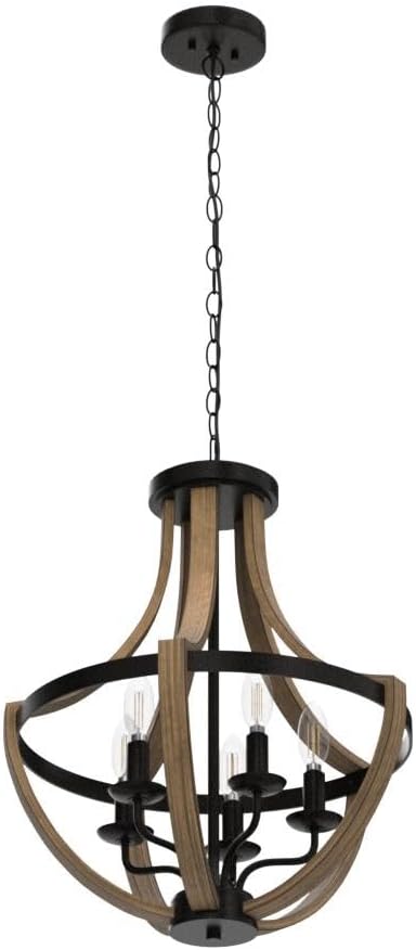 17.7" Modern Farmhouse Geometric Chandelier Light Fixture, 5-Light Adjustable Height Rustic Hanging Pendant Lighting for Dining Room Foyer Kitchen Island, ‎Retro Wood Texture and Black Finish