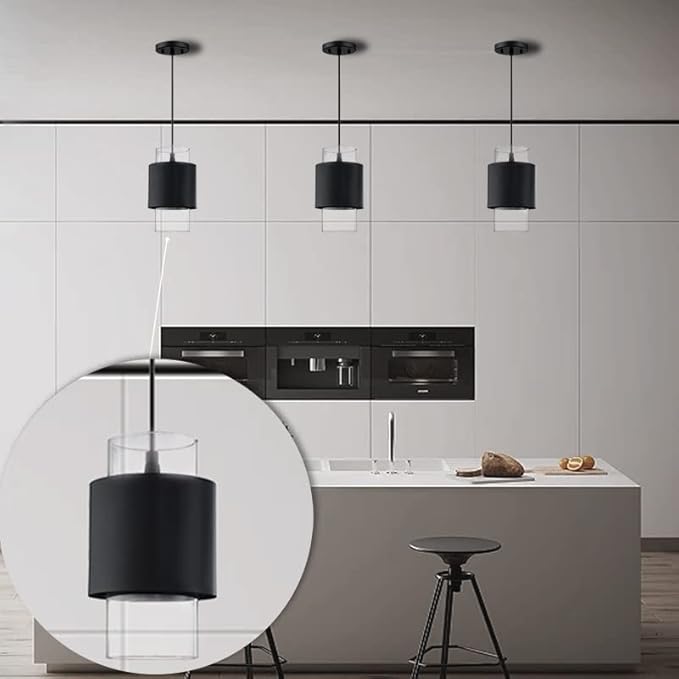 1 Light Hanging Indoor Kitchen Island Pendant Light 6" Drum Glass Shade Pendant Ceiling Light Fixtures Modern Farmhouse Dinning Over Sink (Black Finish, 2 Pack)