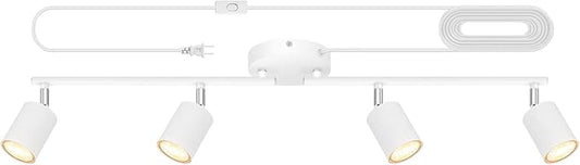 Track Lighting Plug in, LED Track Lighting Fixtures Ceiling Kit, White 4-Light Ceiling Light Plug-in, Wall Light with 14.8ft Power Cord, Rotatable Kitchen Spotlight for Bedroom(GU10 Socket, NO Bulb)