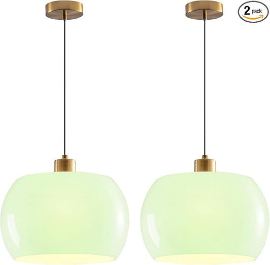 2 Pack Nordic Modern Pendant Lighting, Gold Round Green Glass Hanging Ceiling Light Fixtures for Kitchen Island Dining Room Hallway