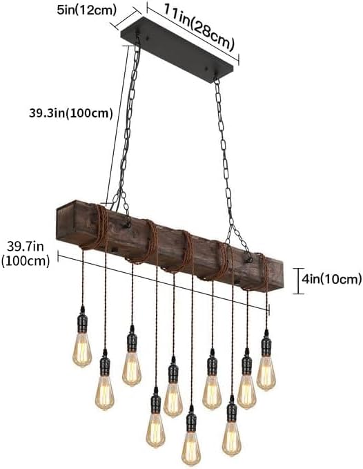 KEESFU 10-Lights Rustic Chandeliers for Dining Room, Farmhouse Wooden Ceiling Pendant Light, Height Adjustable, Rectangle Chandelier for Kitchen Island Dining Room Bar Pool Table Cabin.