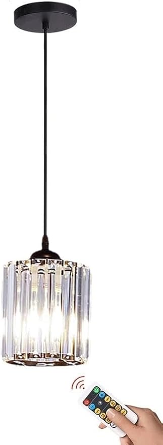 1 Pack Glass Pendant Light Battery Operated with Remote, Rechargeable Wireless Hanging Light Black, Battery Powered Pendant Lamp Small Crystal Glass Chandelier for Kitchen Dining Table Bedroom