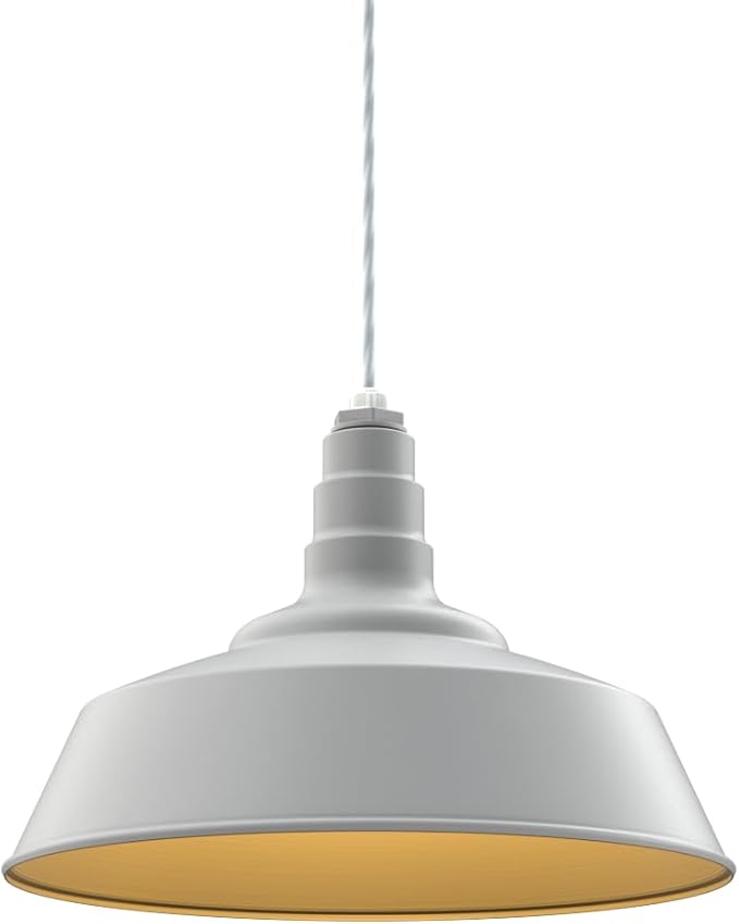 Steel Lighting Co. Manhattan Warehouse Light | Ceiling Mounted Pendant | 20 inch Dome | 4' White Cord | Large Steel Barn Light Made in America | Modern Gray Exterior/Brass Interior