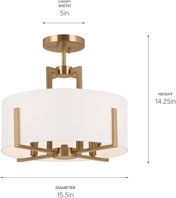 Kichler Malen 4-Light Semi Flush Mount Ceiling Light Fixture, Modern Convertible Semi-Flush or Pendant Light with Fabric Shade in Champagne Bronze, Bedroom or Hallway, (15" Dia x 14.25" H), 52591CPZ