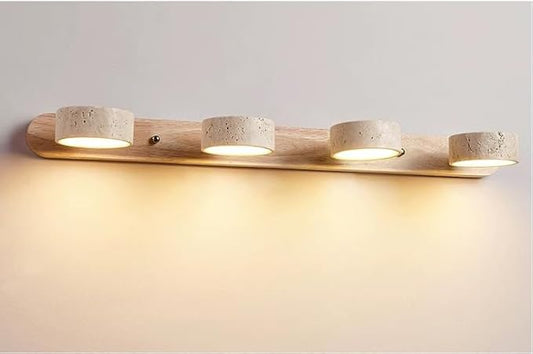 LED Bathroom Vanity Light, Travertine Stone Light Fixture, 360° Rotatable Stone Lampshades, Modern Rustic Wall Lamp for Bedroom, Living Room, Hallway (Natural Wood-4 Heads)