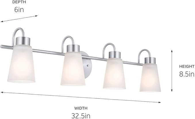 Kichler Erma 4-Light Bathroom Vanity Light Fixture with Satin Etched Glass Shades, Brushed Nickel Wall Mount over Mirror Lighting for Bathroom Vanity (32.5" x 8.5" x 6"), 55127NI