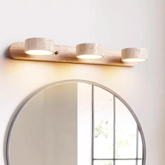 LED Natural Wood Vanity Light with 3 Travertine Stone Shades, Bathroom Vanity Light Fixture, 360° Rotatable Stone Lampshades, Modern Rustic Wall Lamp for Bedroom, Living Room, Hallway (Natural Wood)