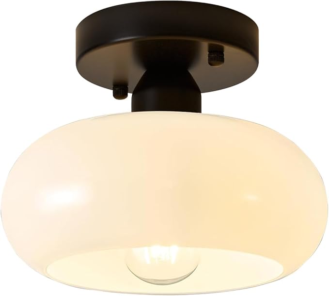 Semi Flush Mount Ceiling Light, Mid Century Modern Black Light Fixture with Milk Glass Shade 8.66''Vintage Ceiling Lamp for Entryway Hallway Foyer, Laundry Room, Schoolhouse