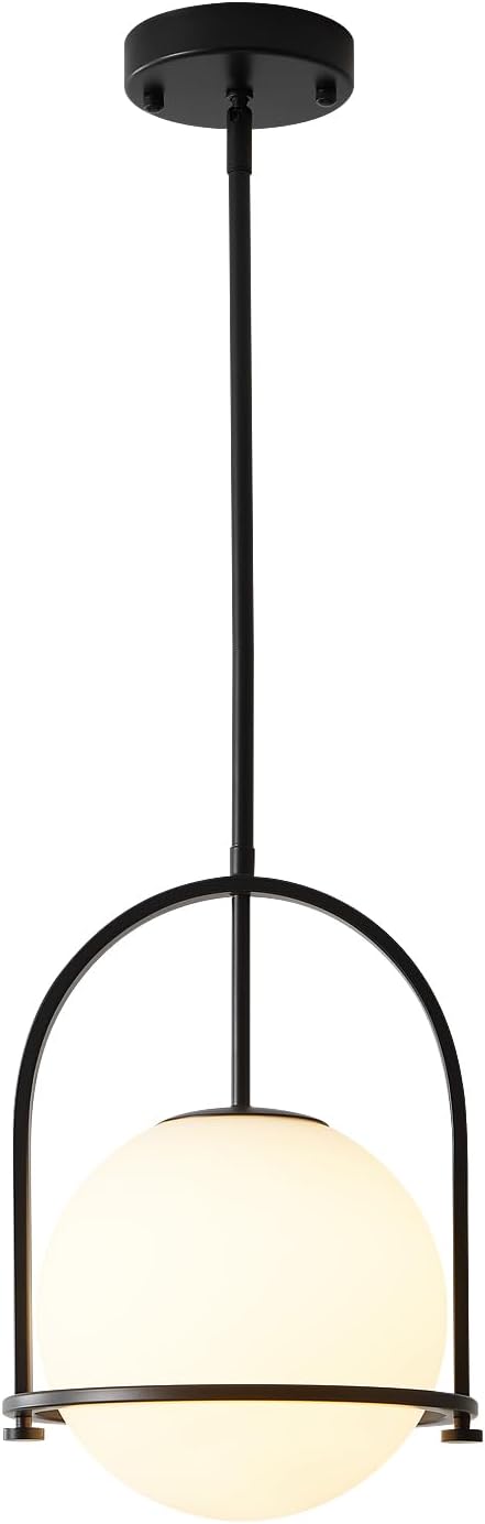 youngrender Modern Black Schoolhouse Pendant Light Fixture, 6" Black Globe Pendant Lighting with Hanging Adjustable Height, One Light Milk Glass Chandelier for Kitchen Island Dining Room Hallway