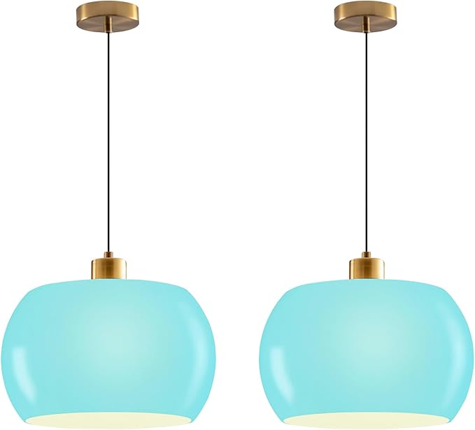 Globe Pendant Lighting Milk Glass Pendant Light Kitchen Island Hand Blown 1-Light 11-inch Dome Shade Gold Adjustable Mid Century Hanging Lamp for Farmhouse Dining Room (2-Pack, Blue)