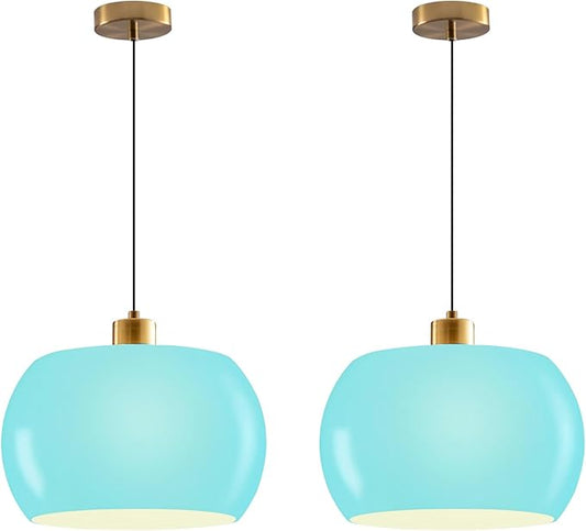 Globe Pendant Lighting Milk Glass Pendant Light Kitchen Island Hand Blown 1-Light 11-inch Dome Shade Gold Adjustable Mid Century Hanging Lamp for Farmhouse Dining Room (2-Pack, Blue)