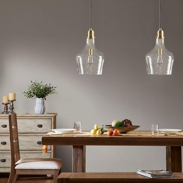 Ink+Ivy Auburn Pendant Kitchen Lighting for Dining Room, Industrial Lights, Hand-Blown Glass Bell Shaped Pendant Light for Kitchen Island, Foyer, Bedroom, 13" Dia x 95.5" H, Gold/Clear